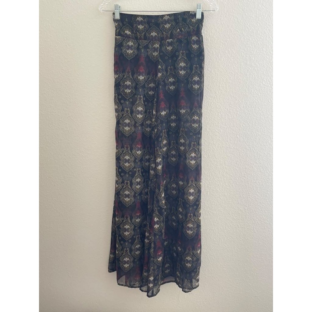 Bohemian Paisley Print Wide Leg Palazzo Pants Sheer Chiffon High Waist Black Red